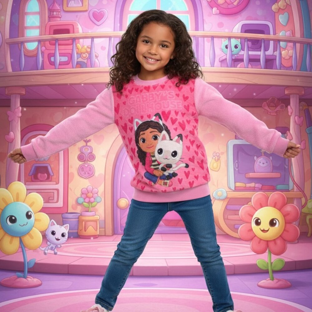 Gabby’s Dollhouse Kids' Pink Fleece Sweatshirt – Pandy Paws Hearts Edition